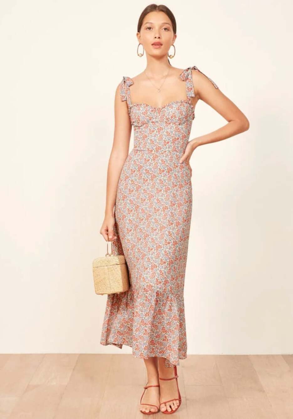 Reformation Nikita Dress in Blue & Red Floral Size 2 Midi Bow Tie Straps - Picture 1 of 10